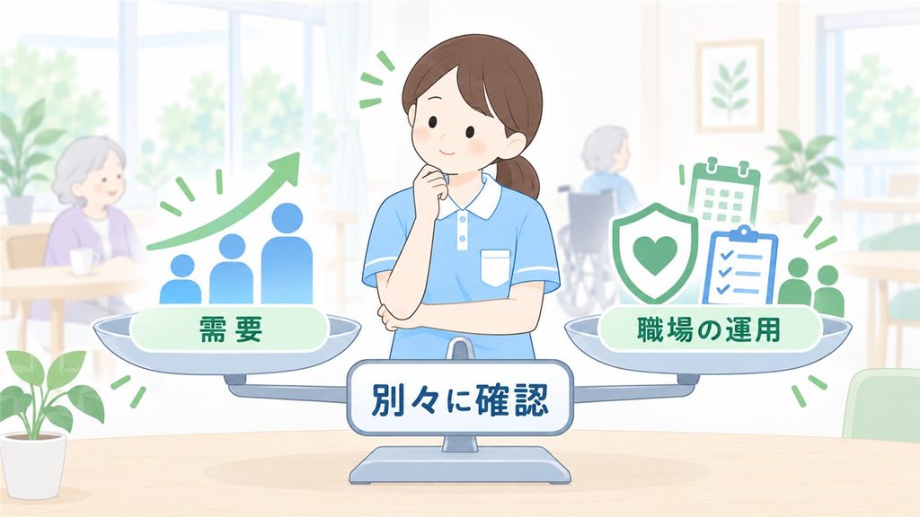 介護職員が仕事の需要と職場の運用を天秤で分けて確認する図解です。