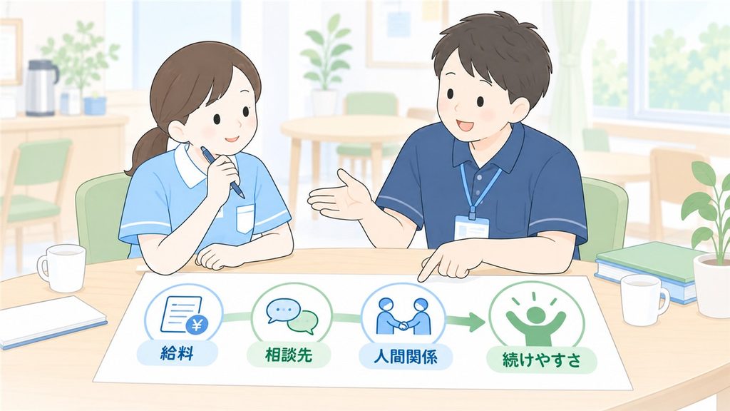 介護職員が給料、相談先、人間関係を管理者と確認する面談場面の図解です。