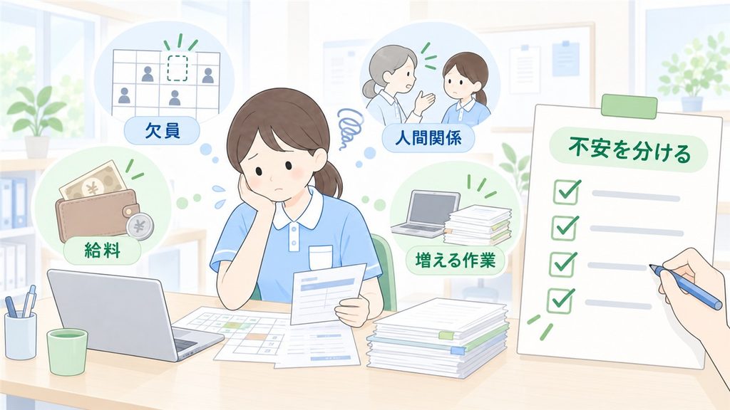 介護職員が欠員や給料、人間関係、増える作業による不安を整理する図解です。