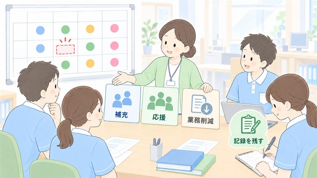 欠員時の補充、応援、業務削減を職員で決め、記録を残す場面の図解です。