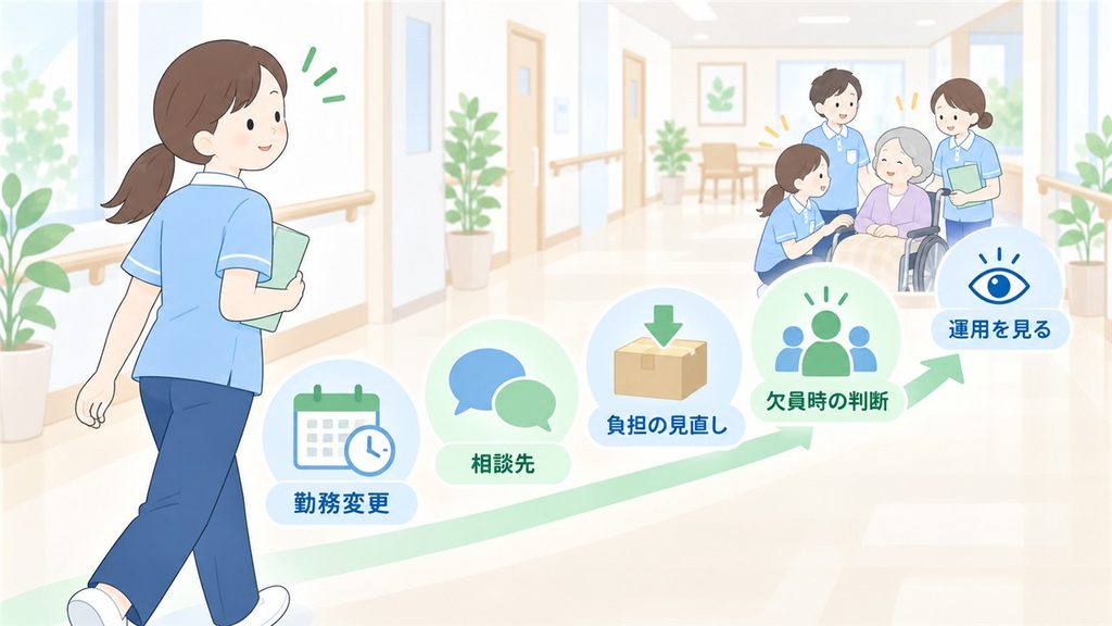 介護職員が勤務変更や相談先、負担、欠員対応など職場の運用を確認する図解です。