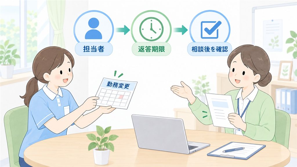介護職員が管理者へ勤務変更を相談し、担当者と返答期限を確認する図解です。