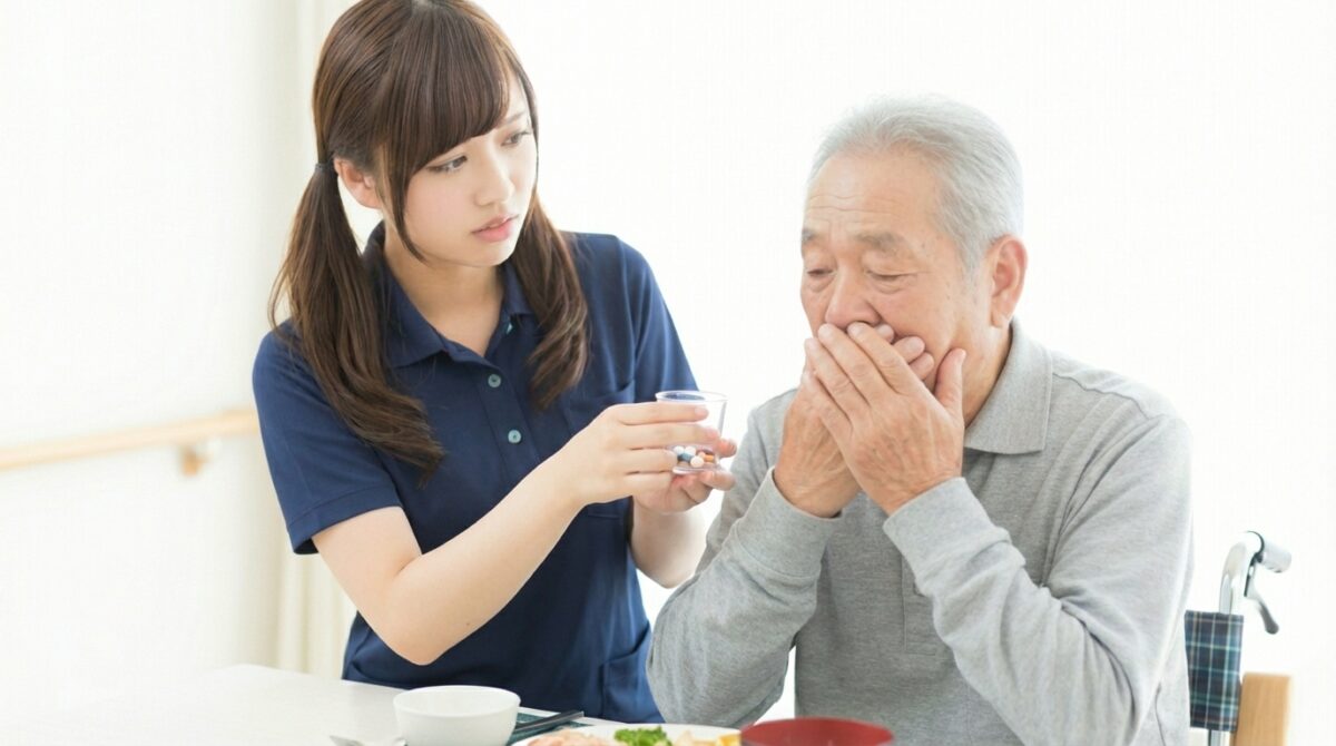 介護施設の食卓で、女性介護職員が薬の入ったカップを手に高齢男性へ服薬介助を行おうとしているが、男性が口元を両手で覆い拒否している様子。認知症による不穏症状や服薬拒否に対し、安全に配慮しながら対応している介護現場の場面。