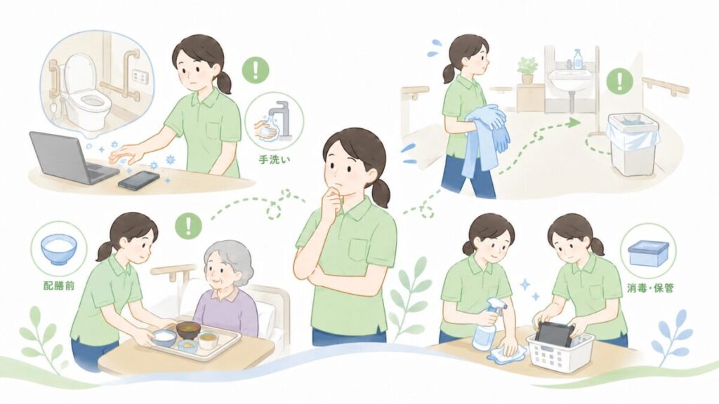介護施設の感染症研修で確認したい、排泄介助後の機器接触やPPE持ち歩き、配膳前、共用物品管理の事例を示した図解。