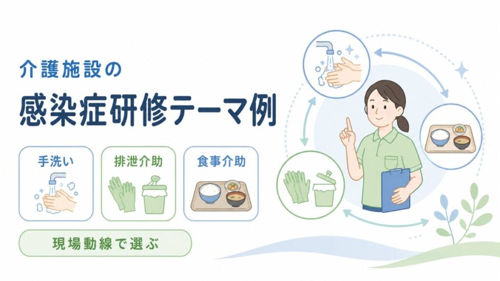 介護施設の感染症研修テーマとして手洗い、排泄介助、食事介助を現場動線で整理した図解。