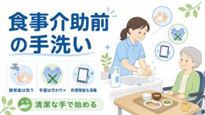 介護施設で食事介助前に手洗いする介護士と、手指衛生の要点を示したイラスト