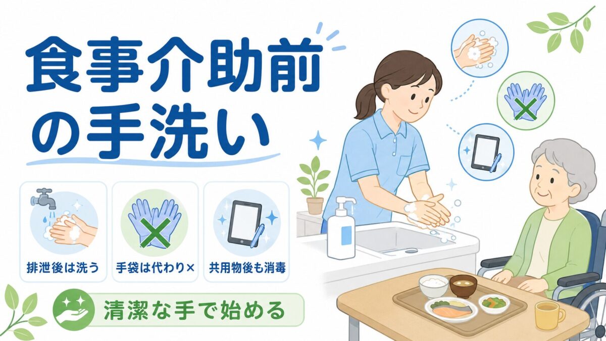 介護施設で食事介助前に手洗いする介護士と、手指衛生の要点を示したイラスト