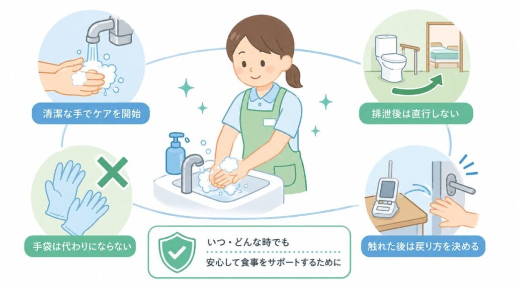 食事介助前に手洗いする介護士と、排泄後や共用物に触れた後の手指衛生の注意点を示す図解