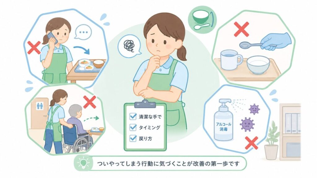 PHS対応後や排泄介助後、手袋使用時など、食事介助前に起こりやすい手指衛生の見落としを示す図解