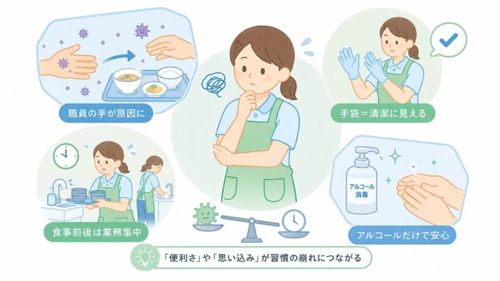 業務の集中や手袋への思い込み、アルコール消毒への依存によって、食事介助前の手指衛生が崩れやすくなる理由を示す図解