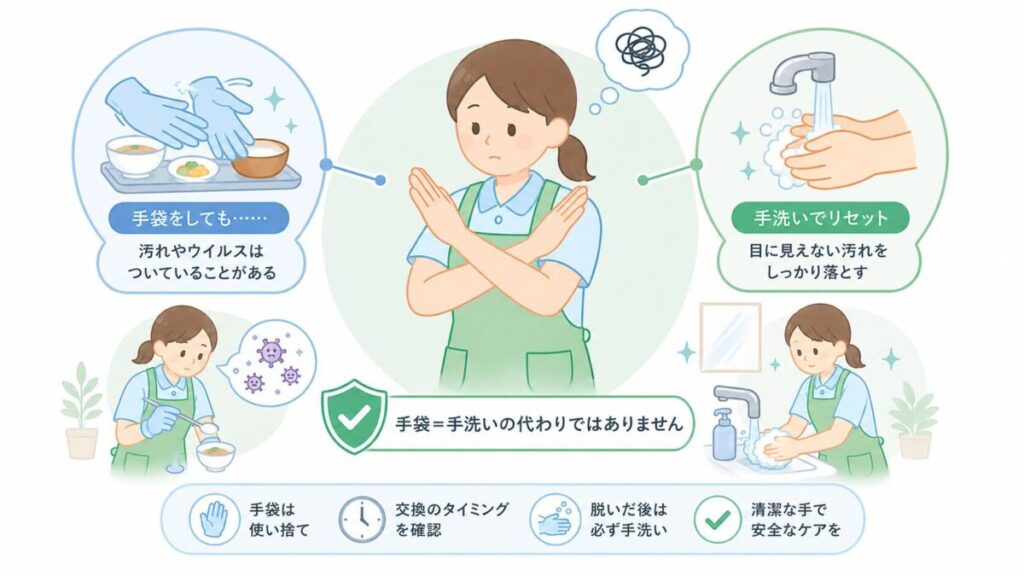 手袋を使用していても手洗いが必要で、交換時や手袋を外した後に手指衛生を行うことを示す図解