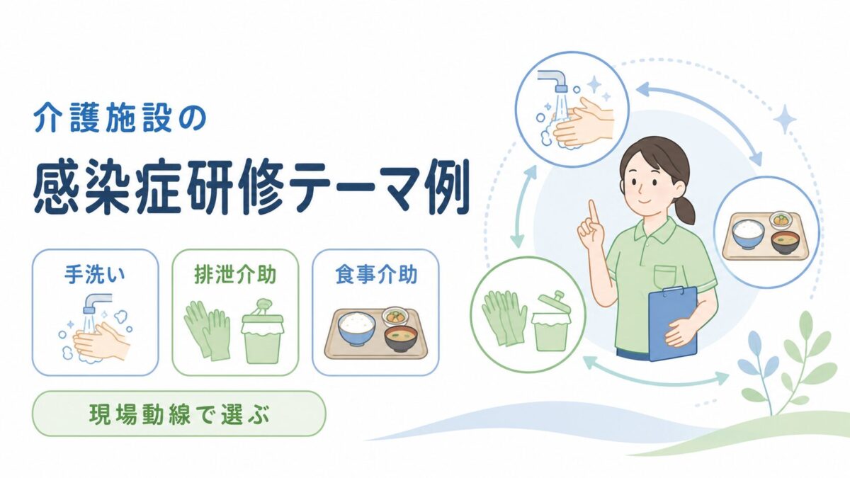 介護施設の感染症研修テーマとして手洗い、排泄介助、食事介助を現場動線で整理した図解。
