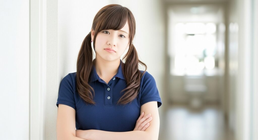 介護施設の廊下で腕を組み、困った表情を浮かべる若い女性の介護職員。人手不足や仕事の悩みに直面する介護士のイメージ