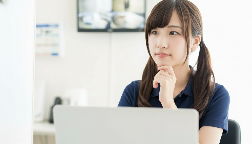 事務スペースでパソコンに向かいながら、顎に手を当てて考えている若い女性介護職員の様子。事故報告書の作成やケアプランの見直し、家族対応後の振り返りなどを思案している場面を示すイメージ。