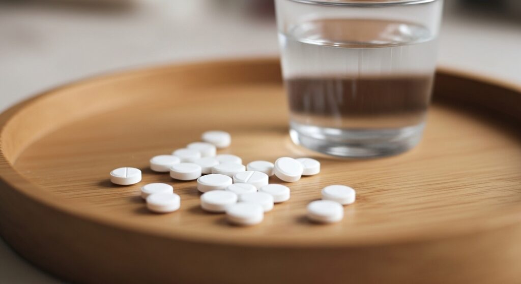 木製トレーの上に複数の白い錠剤が置かれ、その横にコップ一杯の水が準備されている様子。高齢者の服薬管理や誤薬防止のために、用量確認と安全配慮を行う介護現場を想定した場面。