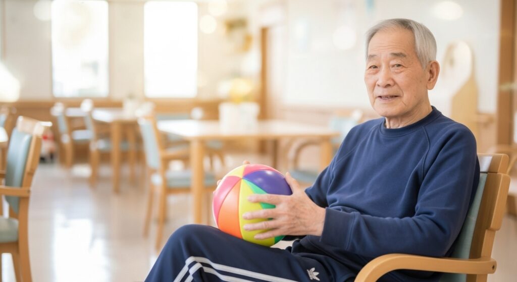 介護施設で高齢男性がカラーボールを使い、機能訓練やレクリエーション活動を行っている場面