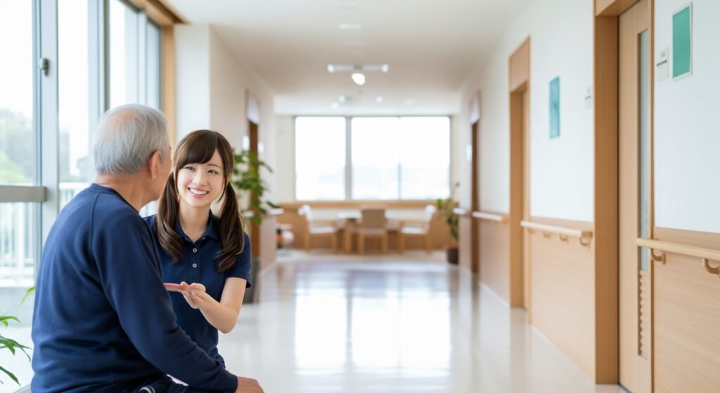 介護施設の廊下で、女性介護職員が高齢男性に笑顔で声をかけながらコミュニケーションを取っている様子