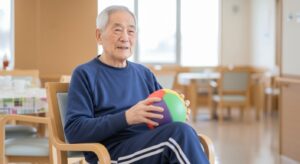 高齢者施設の共有スペースで、高齢男性がボールを使ったリハビリやレクリエーションに取り組んでいる様子