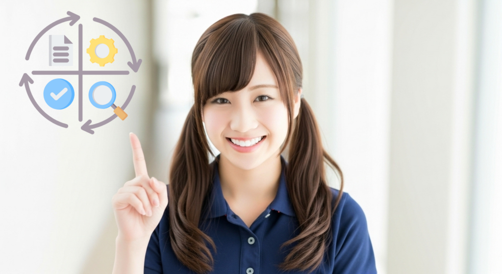 若い女性介護職員が笑顔で人差し指を立て、横に業務サイクル(記録・実行・確認・改善)を示すアイコンが配置されたイメージ。P