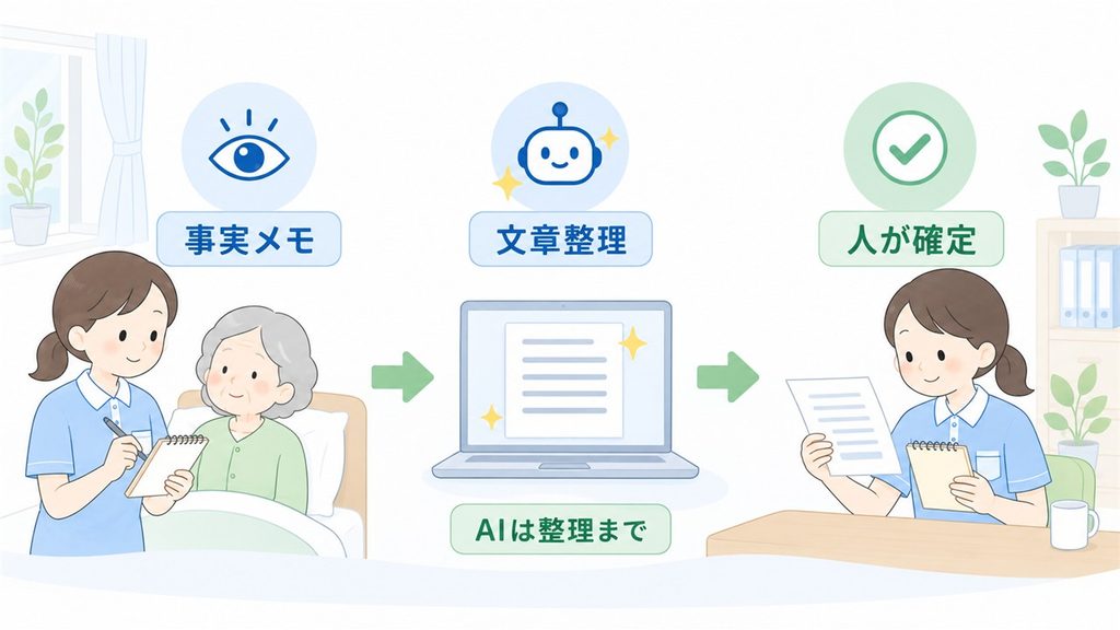 介護職員が事実メモをAIで文章整理し、人が確認して記録を確定する流れを示す図です。
