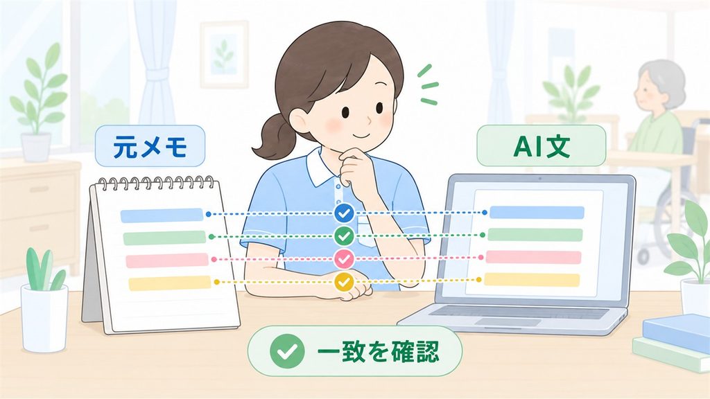 介護職員が元メモとAI文の対応箇所を見比べ、一致を確認する様子を示す図です。