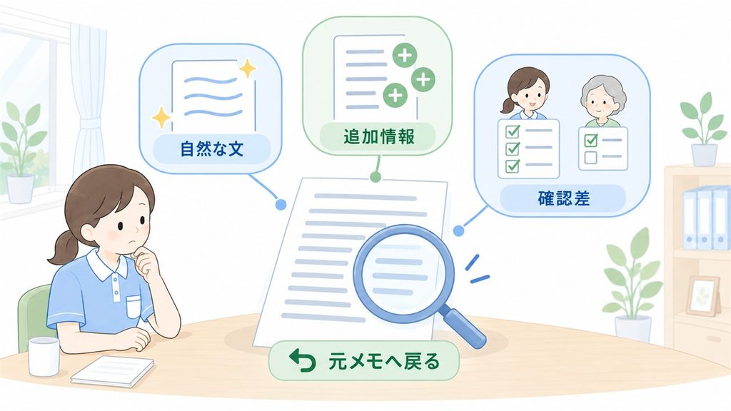 介護職員がAI文の自然さ、追加情報、確認差を点検し、元メモへ戻る様子を示す図です。