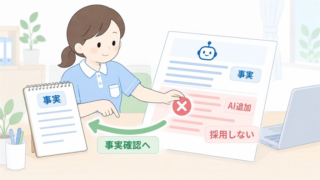 介護職員がAI文に加わった未確認情報を止め、元メモの事実確認へ戻る様子を示す図です。