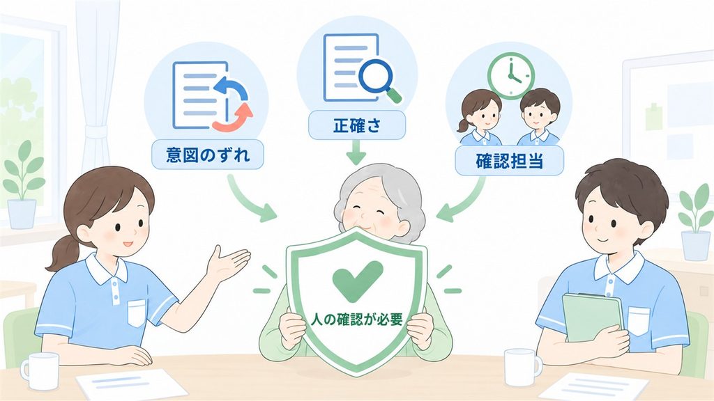 意図のずれ、正確さ、確認担当の三点を人が確認する必要性を示す図です。
