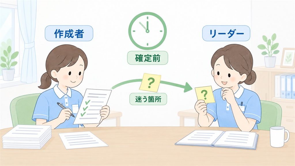 作成者が確定前に記録を照合し、迷う箇所だけをリーダーへ渡す流れを示す図です。