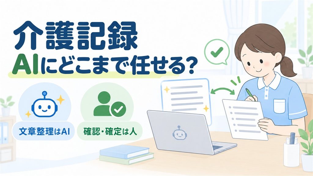 介護職員がAIで文章整理した記録を確認し、人が確定する役割分担を示すイラストです。