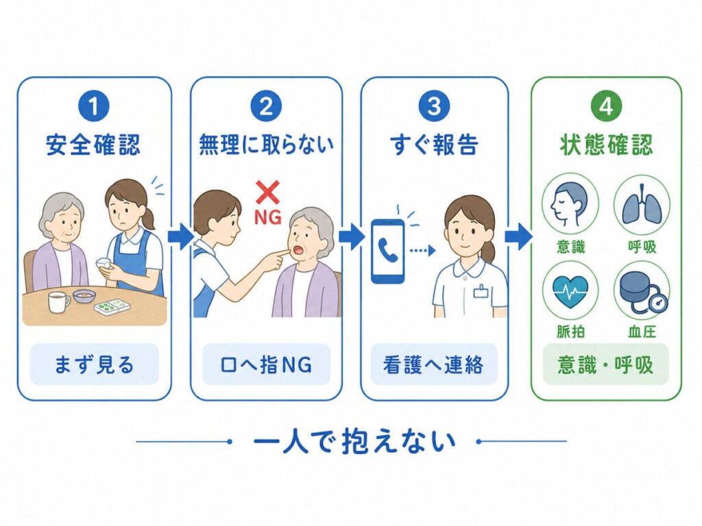 誤薬に気づいた後の初動として、安全確認、無理に薬を取り出さないこと、看護職への連絡、意識・呼吸・脈拍・血圧の確認を示した図。