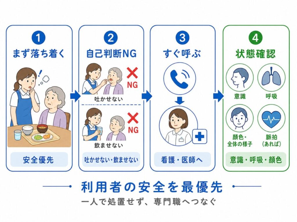誤薬発覚時に、まず落ち着いて利用者の安全を優先し、自己判断で吐かせたり飲ませたりせず、看護師・医師へ連絡し、意識・呼吸・顔色・脈拍を確認する手順を示した図。