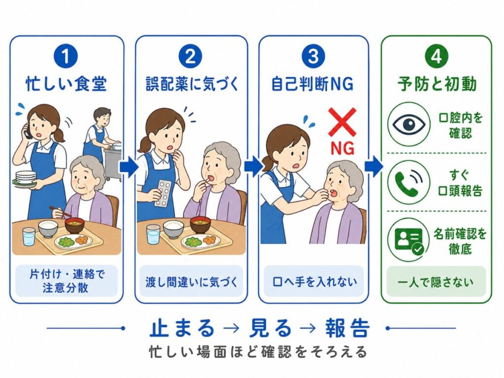 忙しい食堂で誤配薬に気づいた際、口へ手を入れる自己判断を避け、口腔内を確認してすぐ口頭報告し、名前確認を徹底する流れを示した図。
