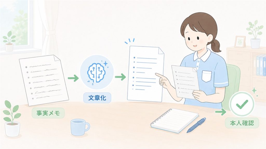事実メモの文章化から介護職員本人の確認までの流れを描いた図解です。