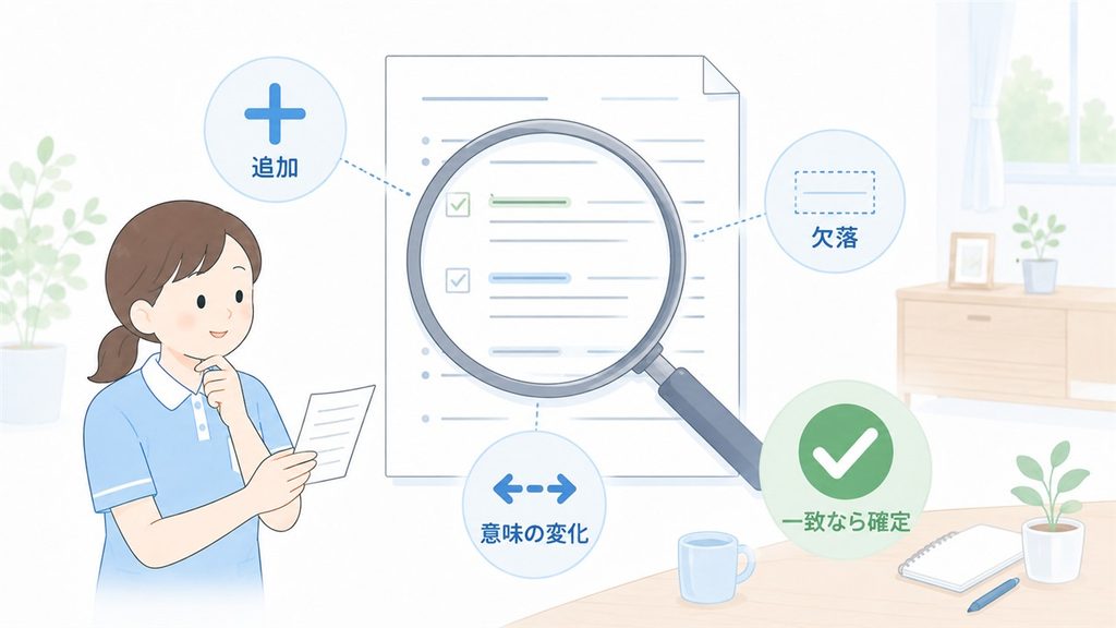 介護職員がAI文章の追加や欠落、意味の変化を元メモと照合する図解です。