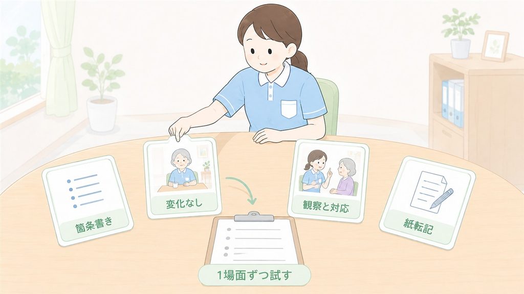 介護職員が四つの記録場面から試す用途を一つ選ぶ様子を描いた図解です。