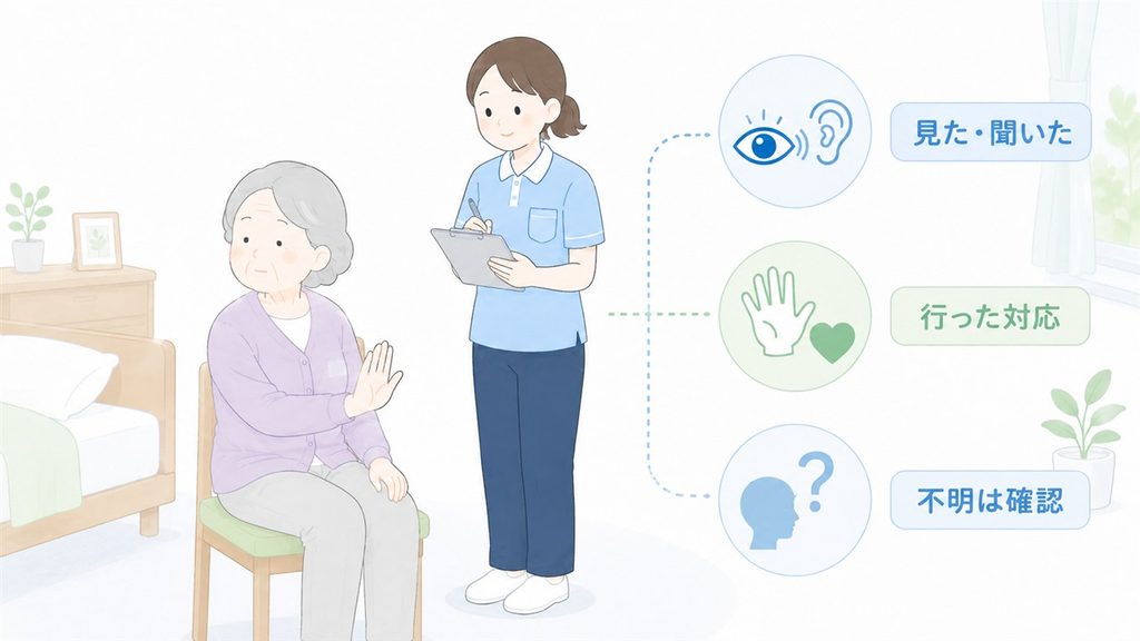 利用者の行動を見聞きした事実と職員の対応に分けて記録する場面の図解です。