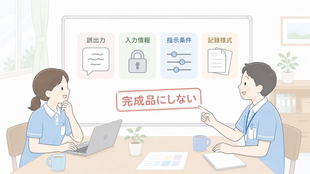 介護職員がAI文章化の誤出力や入力情報など四つの注意点を確認する図解です。