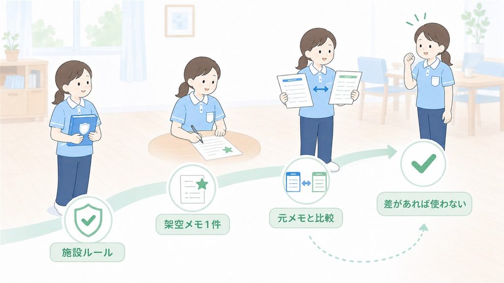 介護職員が施設ルールを確認し、架空メモ一件でAI文章化を試す流れの図解です。