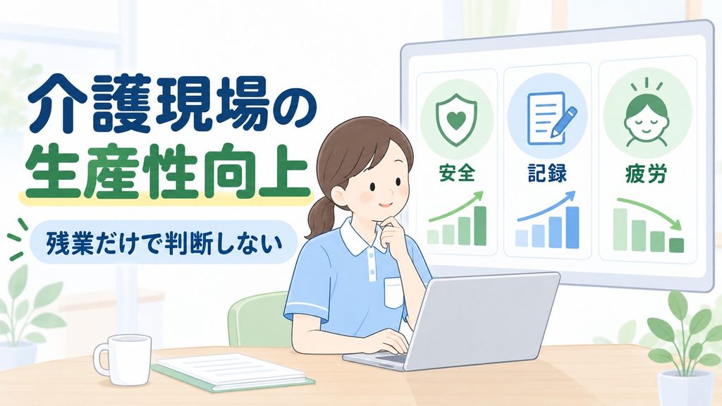 残業だけでなく安全・記録・疲労を確認する介護職員を描いた図解です。