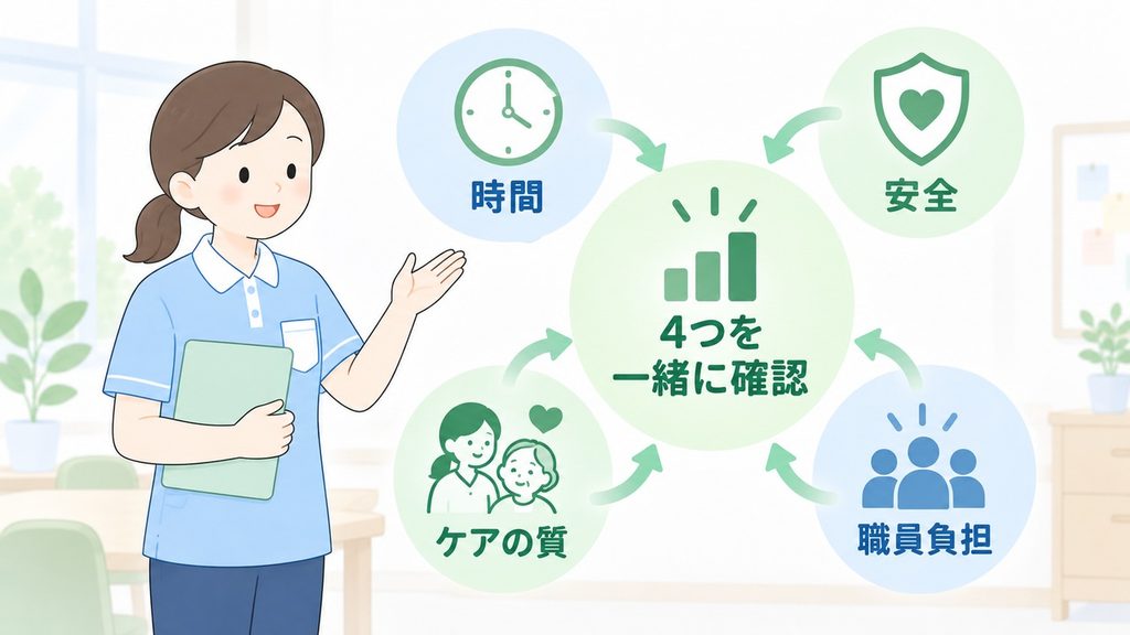 時間・安全・ケアの質・職員負担を一緒に確認する様子を描いた図解です。