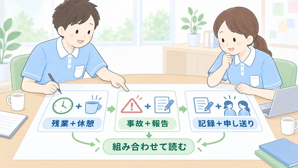 残業と休憩、事故と報告、記録と申し送りを組み合わせて読む図解です。