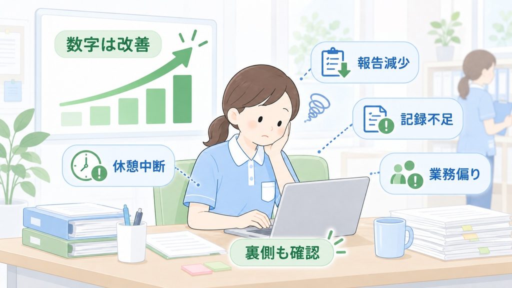 改善した数字の裏にある休憩中断や記録不足などの負担を描いた図解です。
