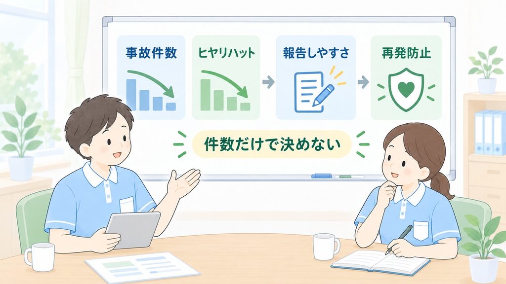 事故とヒヤリハットの件数だけでなく報告しやすさを確認する図解です。