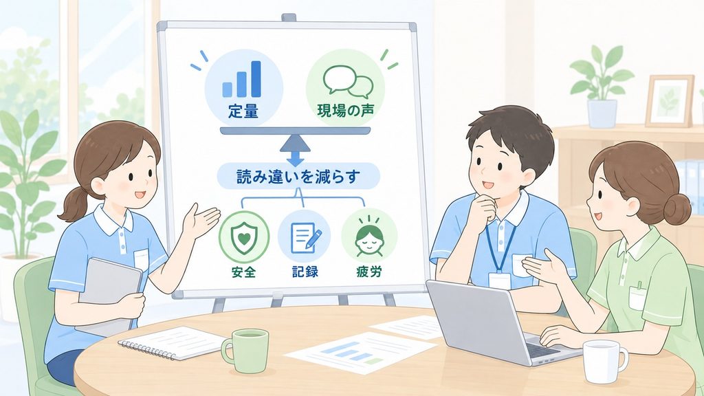 定量指標と現場の声を組み合わせて安全・記録・疲労を見る図解です。