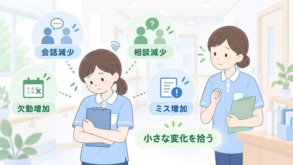 会話や相談の減少、欠勤やミスの増加から小さな変化を拾う図解です。