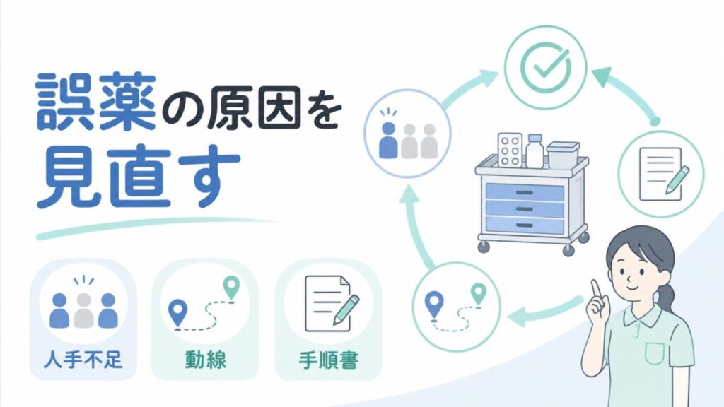 誤薬の原因を人手不足・動線・手順書の3つの視点から見直す介護現場の図解。