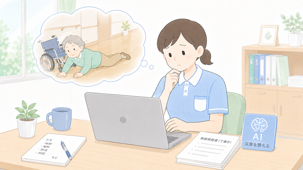 介護職員が転倒事故の現場を思い出しながら、メモを確認してAIで事故報告書の文章を整えようとしているイラスト