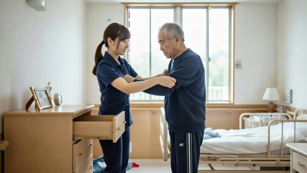介護施設の個室で、不穏症状がみられる高齢男性に対し、若い女性介護職員が両腕をやさしく支えながら落ち着いて声かけを行っている場面。ベッド横で立位を保ちながら、安全に配慮しつつ安心感を与える対応をしている様子。
