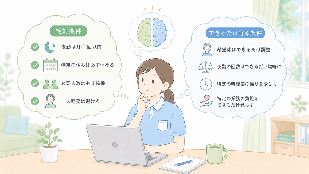 介護士がシフト作成時の条件を、必ず守る絶対条件と、できるだけ守る希望条件に頭の中で仕分けしているイラスト